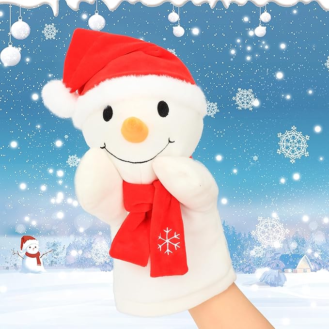 Cuteoy Plush Snowman Hand Puppet Stuffed Animal Toy Open Movable Mouth Creative Role Play Storytelling Plushies Gifts for Kids Toddlers Birthday Christmas