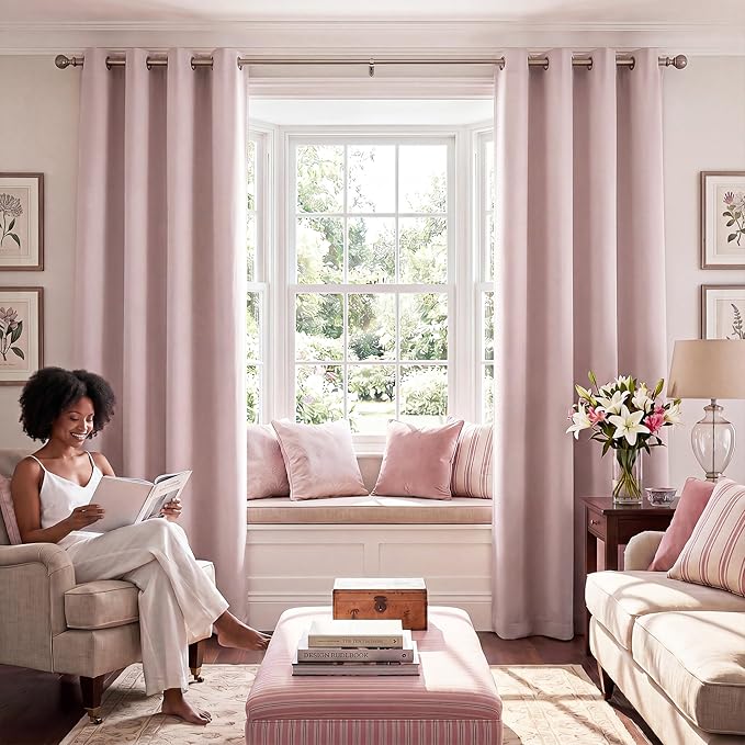 NICETOWN 100% Blackout Window Curtain Panels 84" Long, Blush Pink, 2 Pieces, 52 inches Wide Each Panel, Heat and Cold Blocking Drapes with Black Liner for Nursery, Thermal Insulated Draperies