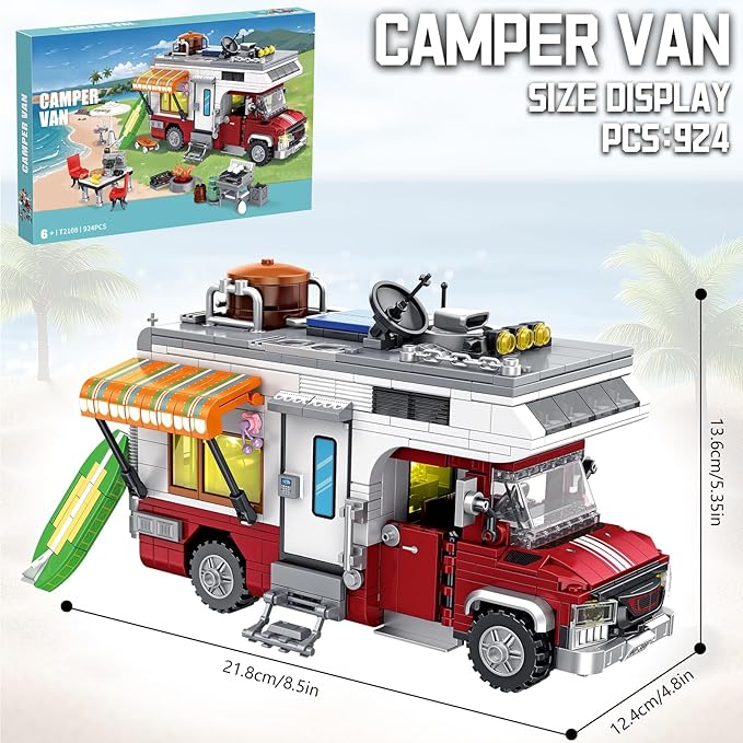 CSNRHG Camping Van Construction Toy 924 Pieces Building Block Set with Picnic Table Grill & Fire Scene Gift for Kids Teens & Vehicle Fans