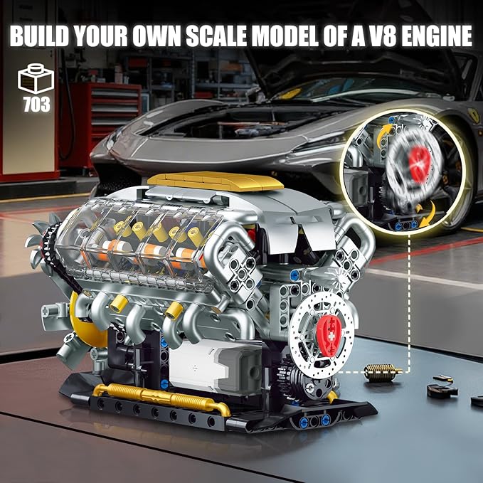 V8 Engine Model Kit that Runs, Build Your Own Mini Visible Car Motor, Physical Science Experiment Building Set for Adults & Teens, STEM Toy Gift for Boys 14+ (703 PCS)