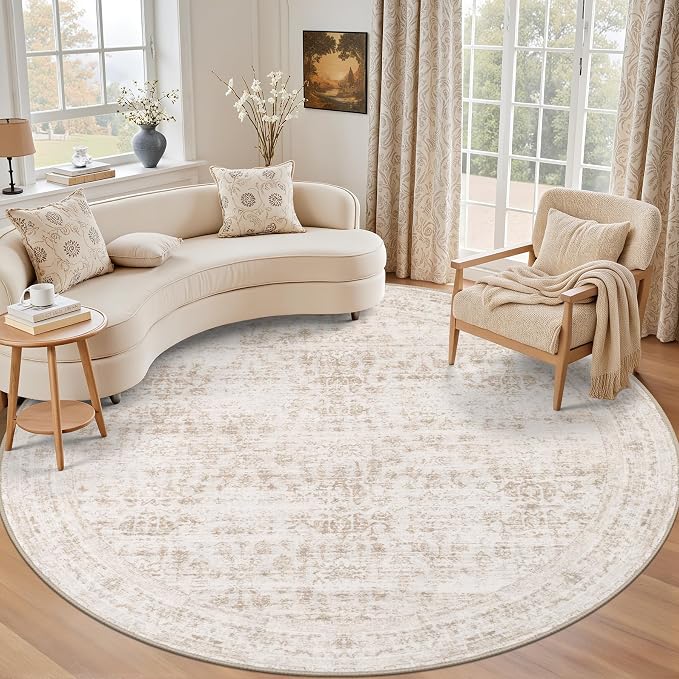 Round Area Rug for Living Room: 8 ft Washable Vintage Boho Soft Thin Circle Rug Indoor Floor No Slip Stain Resistant Carpet for Bedroom Dining Room Farmhouse Nursery Home Office -Beige Brown