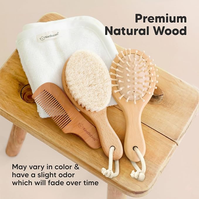 Wooden Baby Hair Brush Set for Newborns, Toddlers - Soft Goat Bristle Baby Brush and Comb Set Newborn Grooming Kit for Cradle Cap Care, Durable & Gentle, Boy, Girl Infant Essentials (Petite, Walnut)