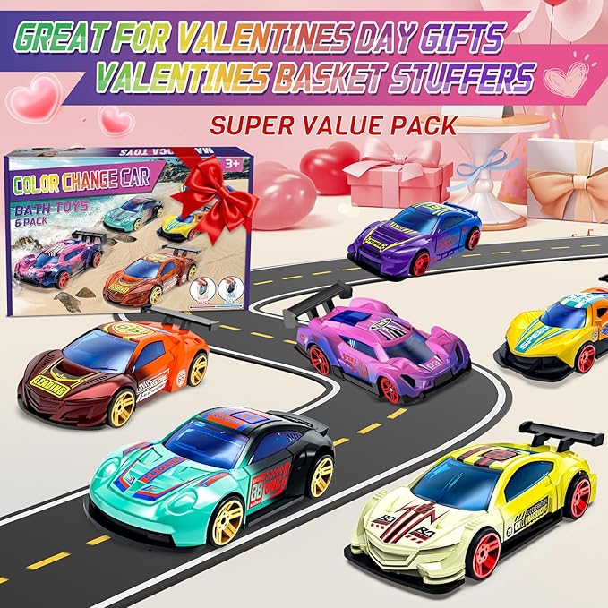 Color Changing Cars Toys Bath Toys for Ages 1-3 4-8 Valentines Day Gifts for Kids Grandkids Boys Birthday Gifts Race Cars Themed Party Favors Valentines Basket Stuffers Sensory Die-Cast Toys