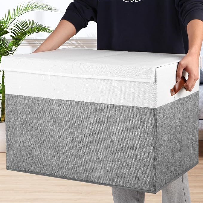 Large Toy Storage Box with Lid, Toy Chest Bin Boxes Basket with Dividers | Sturdy Toy Organizer Bin for Kids, Boys, Girls, Nursery, Living Room, Bedroom, Playroom 26"x17" x17" (Grey and White)