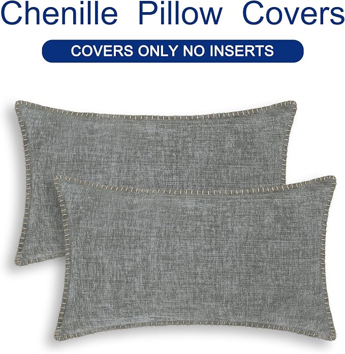 CaliTime Decorative Couch Throw Pillow Covers 20 X 12 Inches Medium Grey | Pack of 2, Cozy Chenille Cushion Cases, Cotton Thread Stitching Edges, for Sofa Bed Living Room Farmhouse