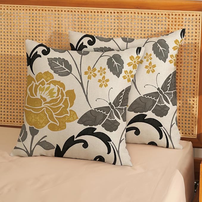 Mustard Yellow Pillow Covers 18x18 Inch Set of 2 Vintage Floral Decor Throw Pillows Grey Butterfly Flower Leaves Seasonal Outdoor Decorative Pillow Cases Linen Cushion Covers for Couch Sofa