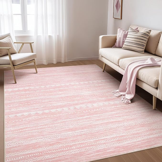 Nakagishi Boho 4x6 Pink Area Rug Living Room Rugs Machine Washable | Soft, Pet & Kid Friendly, Carpet for Living Room/Bedroom/Office/Kitchen/Nursery, Daily Home Decor Stain Resistant Moroccan