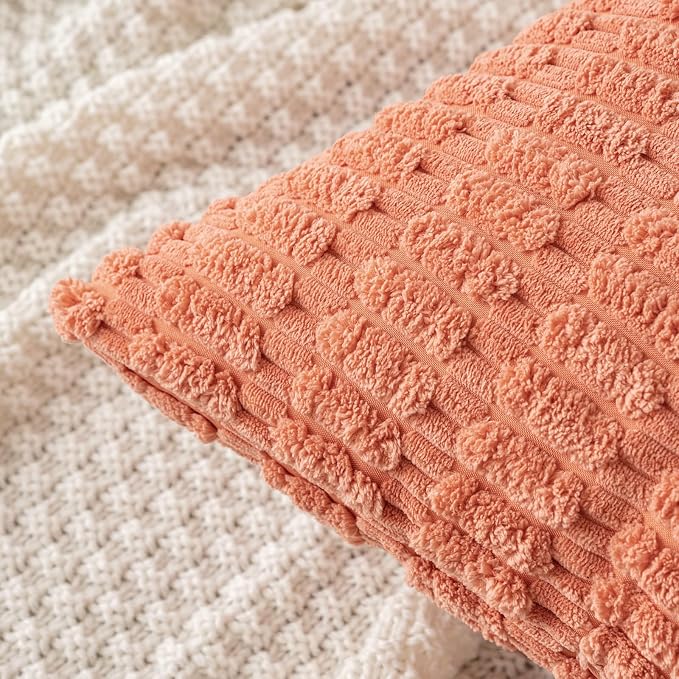 MIULEE Corduroy Decorative Throw Pillow Covers 18x18 Coral Pack of 2 | Soft Boho Striped Pillow Covers Modern Farmhouse Home Decor For Sofa Living Room Couch Bed