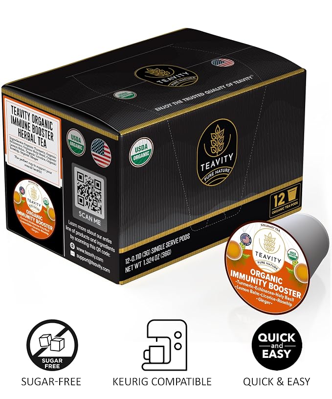 Organic Ginger Tea Pod with Echinacea, Turmeric, and Licorice for Keurig, Decaf by Teavity (36 Tea Pods)