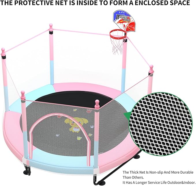 5FT Trampoline for Kids Toddler Indoor Trampoline with Safety Enclosure Net, Mini Basketball Hoop, Jumping Mat for Home Entertainment Equipment Outdoor Backyard Games