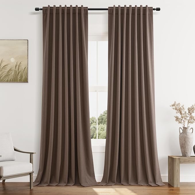 Guken Mocha Mousse 100% Blackout Linen Curtains 90 Inch Length 2 Panels Set for Living Room Bedroom Back Tab/Rod Pocket Thermal Insulated Farmhouse Black Out Drapes Room Darkening,52x90