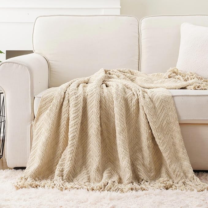 BATTILO HOME Beige Throw Blanket for Couch, Knitted Beige Throw for Bed, Neutral Throw Blankets Tan Throw Blanket for Room Decor Housewarming Gifts, 50" x 60" | Knitted Beige Blanket for Bed, Neutral Throw Blanket Warm Decorative Tan Throw Blankets for...