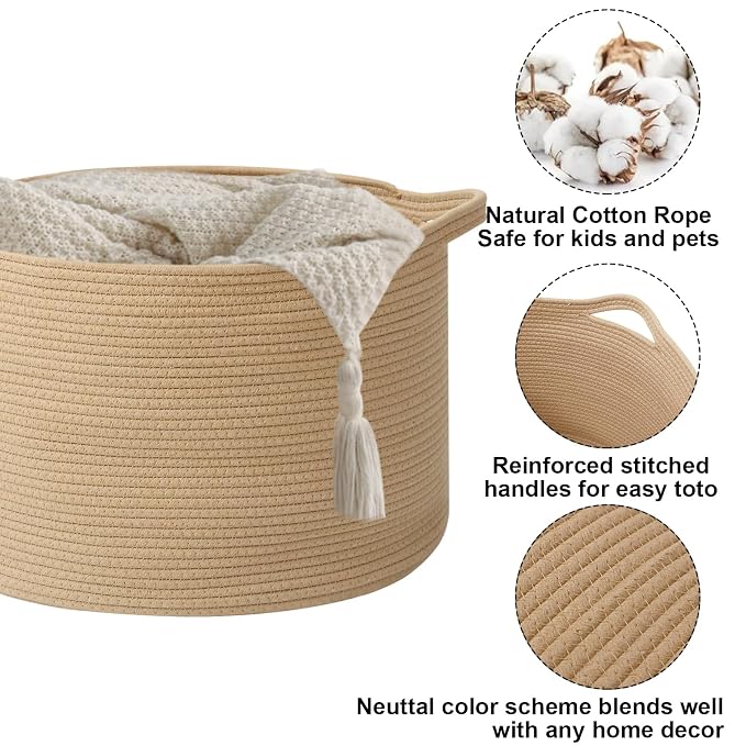 115L Extra Large Blanket Basket,Woven Rope Laundry Basket-Camel | Collapsible, reinforced handles, nursery storage bin organizes clothes, toys and pillows for living room, bedroom bathroom