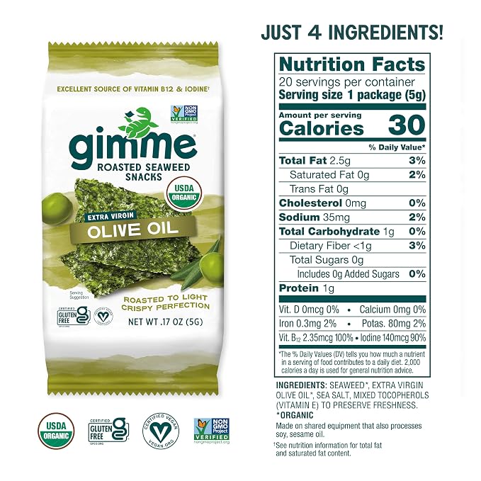 Gimme 20 CT Extra Virgin Olive Oil Organic Seaweed Snacks, 5g, 0.17oz