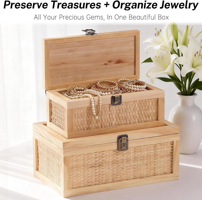 Rattan Decorative Boxes with Lids, Stackable Keepsake Box Set of 2 | Boho Decorative Box for Home Decor Secure Metal Latch Locks, Rustic Farmhouse Memory Box for Shelf, Photo, Wedding, Cards