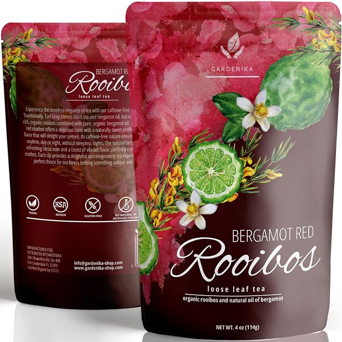 Gardenika Organic Earl Grey Rooibos Red Loose Leaf Tea with Bergamot Oil - 4 oz | Caffeine-Free Herbal Tea | Antioxidant Rich & Kosher Certified