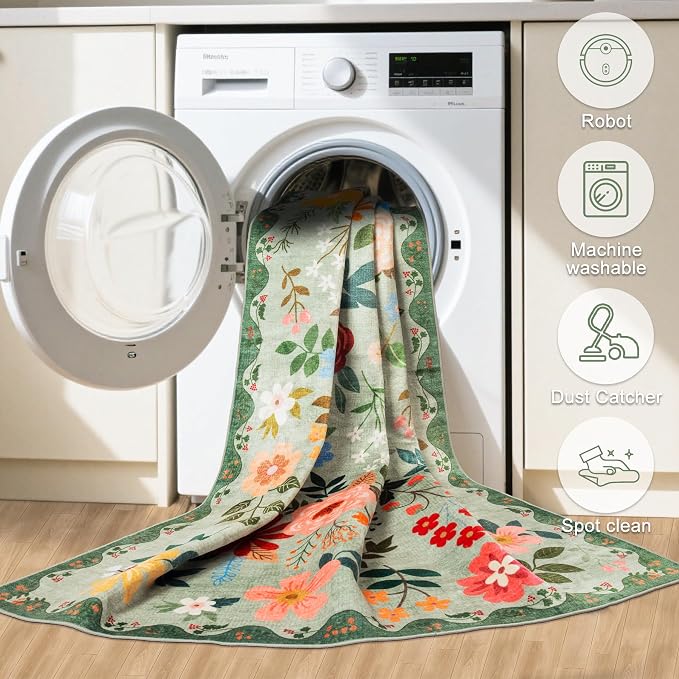 Runner Rug for Entryway: 3x10 Kitchen Rugs Non Slip Washable Ultra-Thin Soft Floral Carpet Indoor Floor Stain Resistant Carpets for Hallway Bedroom Kitchen Laundry Bathroom Dorm Green