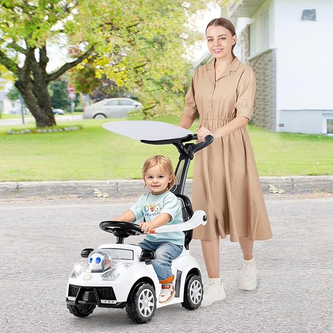 Costzon Push Car for Toddlers, 3 in 1 Stroller Sliding Walking Car with Handle, Canopy, Seat Belt, Horn, Music & Lights, Under-Seat Storage, Guardrail, Foot-to-Floor Ride On Toy for Boys Girls (White)