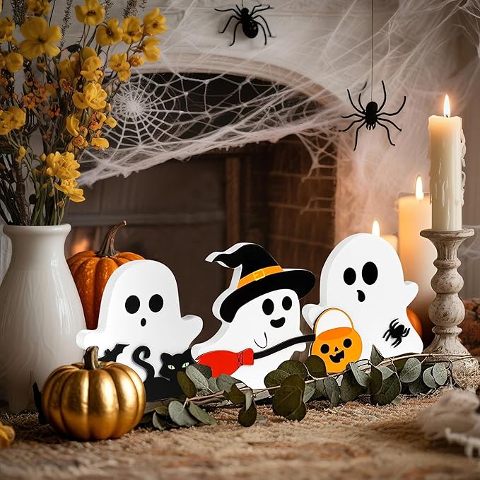 Cute Halloween Decorations Indoor-Cute Halloween Wooden Tiered Tray Decor, 3 Pcs Wooden Ghost Blocks Signs for Home Shelf Mantel Tabletop Office Party Fireplace