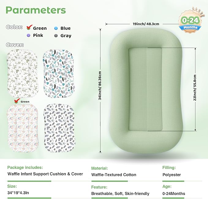 Infant Support Cushion - Baby Support Cushion for Newborn, 0-24 Months, Breathable Cotton Fabric Infant Support Cushion, Portable Newborn Essentials for Home and Travel, Green (Cover Included)