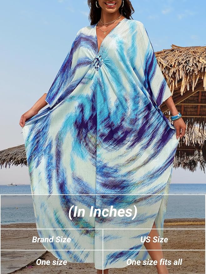 ChiaoLezhee Print Moo-Moos for Women, Kaftan Cover-Up Dresses, Sexy V-Neck High-Slit, Beach Pool-Party Coverups Muumuu Plus
