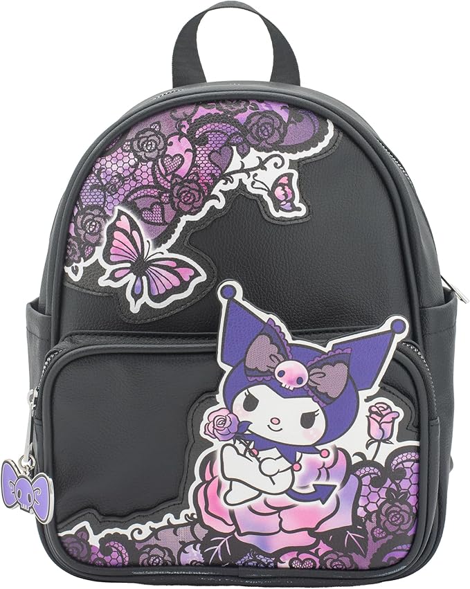 AI ACCESSORY INNOVATIONS Hello Kitty Kuromi Mini PU Backpack Purse, Kawaii Shoulder Bag with Epoxy Filled Metal Bow w/Skull Charm, 10.5 Inch, Anime Travel Bag, Faux Leather