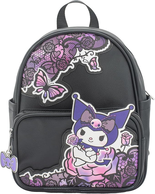 AI ACCESSORY INNOVATIONS Hello Kitty Kuromi Mini PU Backpack Purse, Kawaii Shoulder Bag with Epoxy Filled Metal Bow w/Skull Charm, 10.5 Inch, Anime Travel Bag, Faux Leather