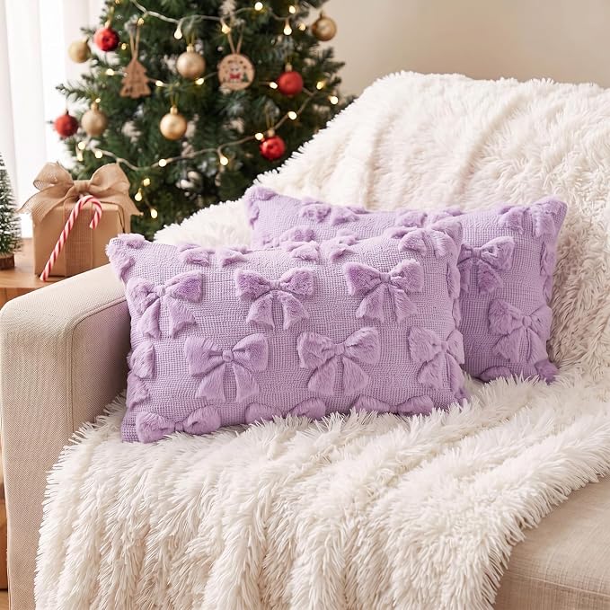 Mixweer Purple Bow Pillow Covers Set of 2 Preppy Room Decor Coquette Cute Spring Summer Decorative Faux Fur Soft Bowknot Stuff Fluffy Plush Aesthetic Pillowcase for Bed Sofa Couch (12 x 20 Inch)