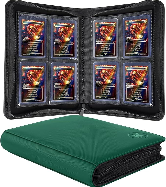 Top loader Binder, Holds 128+ Toploaders, 4 Pocket Top Loader Card Storage Case, Double-Sided Pockets for trading card in 3 x 4'' Toploaders（Green）