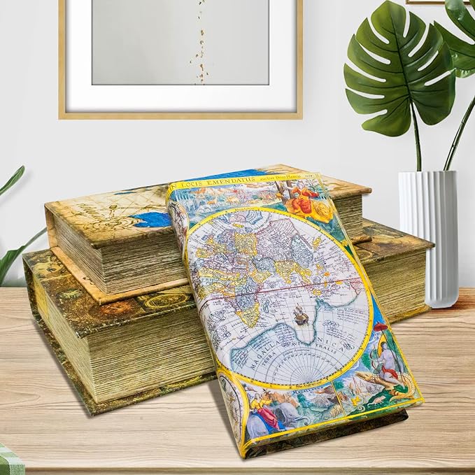 Decorative Book Box Set of 3,Fake Book Trinket Keepsake Storage Box | Faux Antique Book Shaped Vintage Style Decorative Books Boxes with Ancient World Map Pattern Books,Graduation Gift