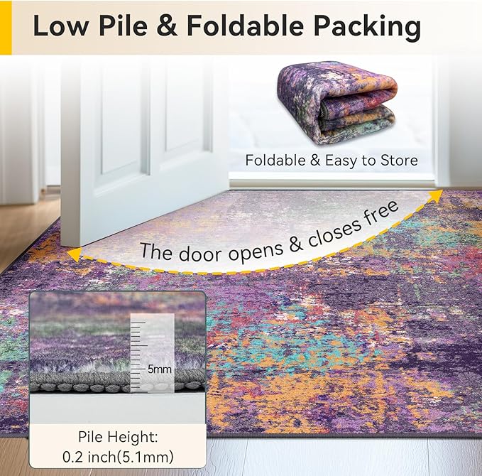 RELEANY Washable Area Rugs 2'x3' Non-Slip Modern Abstract Soft for Living Room Entryway Bedroom Kitchen, Print Pattern, Purple Orange Blue Green Rust Red Colorful