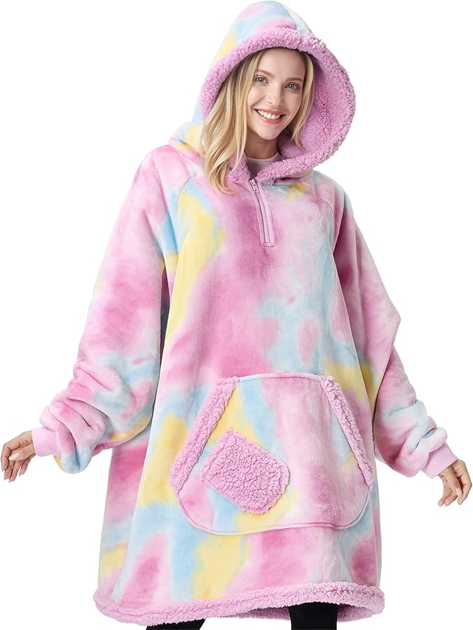Giggling Getup Wearable Blanket Hoodie for Adults Gifts for Teen Girls Sister Women Sherpa Fleece Printed Hooded Blanket Sweatshirt Warm Cozy with Pocket & Sleeves Cotton Candy Tie Dye