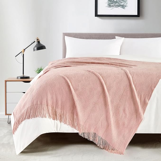 BOURINA Pink Throw Blanket 50x60 Inches Throw Textured Solid Soft Ripple Throws and Blankets for Sofa or Bed Knitted Decorative Throw