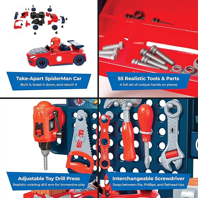 World Tech Toys Marvel Spider-Man Bench Set – Spiderman Tool Bench Playset with Take Apart Car - Official Marvel Licensed Product (55 Pieces)