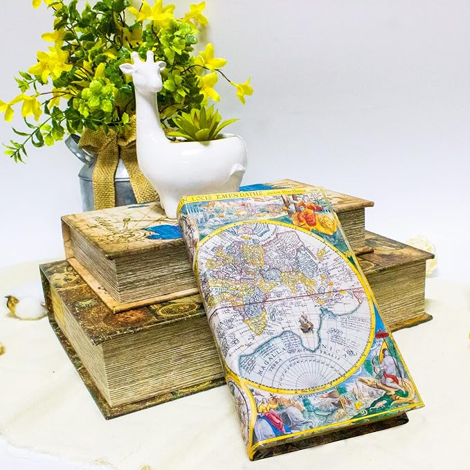 Decorative Book Box Set of 3,Fake Book Trinket Keepsake Storage Box | Faux Antique Book Shaped Vintage Style Decorative Books Boxes with Ancient World Map Pattern Books,Graduation Gift