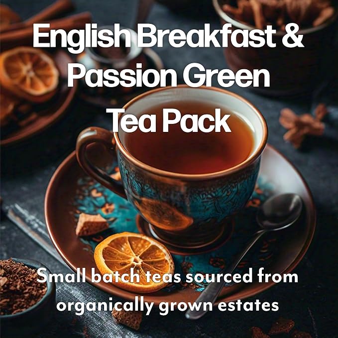 Maud's Organic Passion Green Tea & Organic English Breakfast Black Tea Bundle, 48 ct, Single Serve Pods – 100% Gourmet Blended Tea Leaves, Compatible with Keurig K Cups Maker