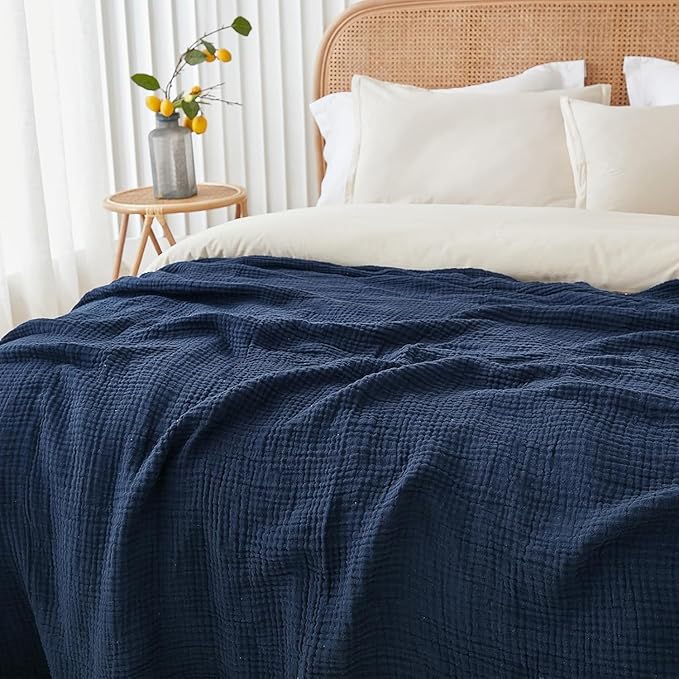 EMME Muslin Blankets for Adults Throw Blanket for Couch Breathable Gauze Soft Lightweight Airy Navy Twin XL 66" x 90"