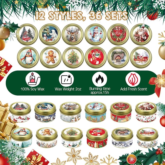 MTLEE 36 Sets Christmas Candles Bulk Holiday Small Scented Candles Party Favors with Organza Bag and Cards Bulk Candle Gifts for Home Supplies Holiday Travel(Romantic)