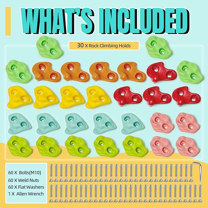 30 PCS Large Rock Climbing Holds for Kids, Extra Large Climbing Rock Wall Grips, Adult Rock Wall Holds Climbing Kit with Hardware for Indoor and Outdoor Climbing Holds（Pastel Color）