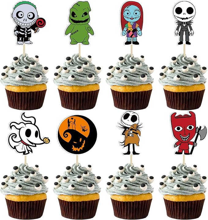 Gyufise 40Pcs Skellington Halloween Cupcake Toppers Glitter Skull Ghost Cupcake Picks for Nightmare Theme Wedding Anniversary Birthday Party Cake Decorations Supplies
