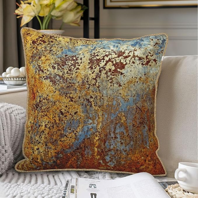 KSLIDS Brown Rust Soft Velvet Throw Pillow Covers Set of 2 Gold Orange Teal Rustic Decorative Pillow Covers 18x18 Inch Rusty Copper Metallic Bronze Pillow Case for Sofa Couch Living Room Home Decor