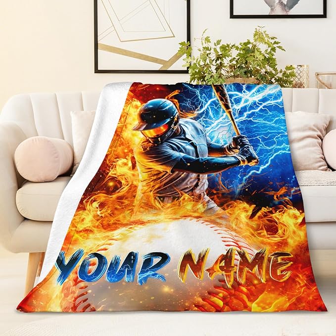 Baseball Blanket Gift for Boys Men Personalized Sport Theme Throw Blankets for Kids Adults, 60x80 Inches Lightweight Cozy Cool Custom Throw for Sofa Couch Bed Office
