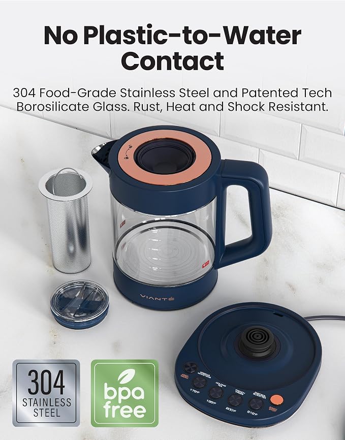 Viante Alba Electric Tea Kettle with Infuser, No Plastic In Contact With Water, 1.5L Borosilicate Glass, 304 Stainless Steel, 4 Temp Presets, Keep Warm, Cordless, Auto Shut-Off, Midnight Blue