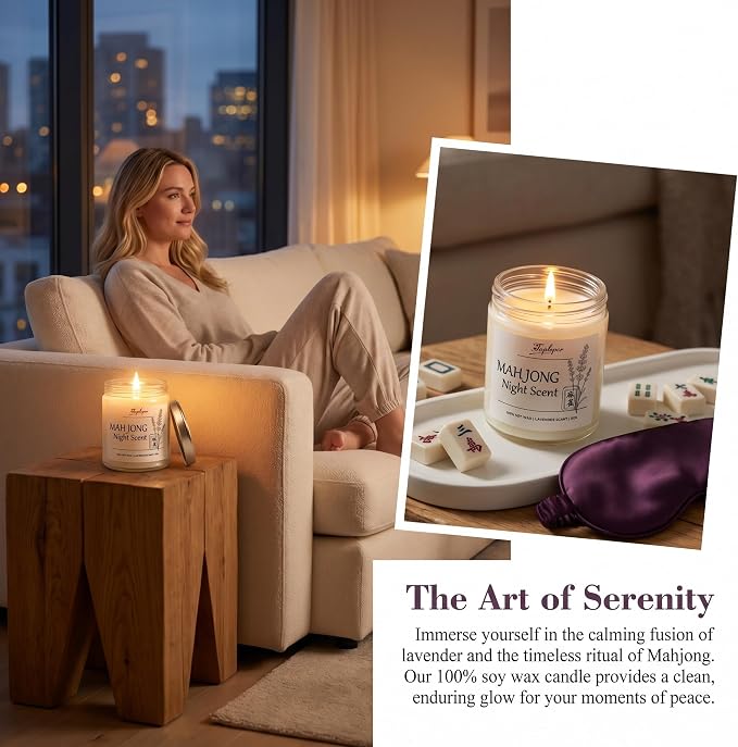 Lavender Candle - Soy Wax Stress Relief & Meditation, 45hr Soot-Free Burn Mahjong Night Scent Candle, 9oz