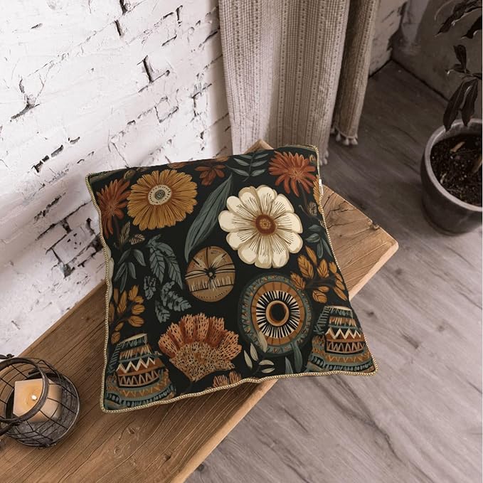 Vintage Boho Flower Velvet Pillow Covers 16x16 Inch Brown Green Retro Floral Throw Pillows for Couch Cushion Covers PillowcaseBohemian Farmhouse Pillow Cases for Sofa Bed Living Room