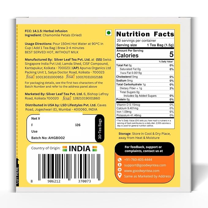 Goodwyn Chamomile Herbal Tea, 30 Tea Bags | 100% Pure Chamomile Flowers | Caffeine Free | Plastic Free Bags | Soothing Floral Infusion