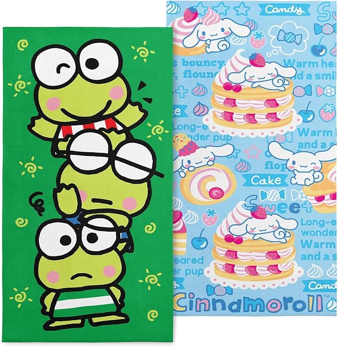 NORTHWEST Hello Kitty Beach Towel 2-Pack – Oversized, Soft, Absorbent, Fast-Drying, Sand-Free Pool Towels Featuring Keroppi, Cinnamoroll & Hello Kitty Designs 30" x 60"