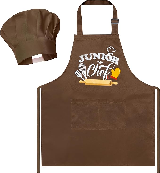 Kid Apron and Chef Hat Set - R HORSE 2Pcs Adjustable Children Brown Chef Kitchen Apron, Dress up Role Play Chef Toy Cooking Baking Painting and Training Kits Kid Funny Cooking Birthday Gift for Kids