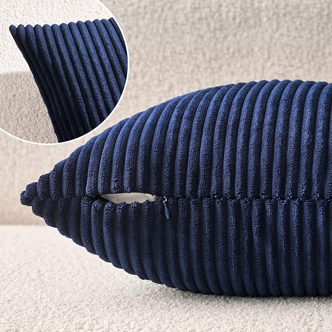 MIULEE Decorative Corduroy Throw Pillow Covers Set of 2 18x18 Dark Blue | Soft Striped Textured Cushion Cases, Boho Coastal Square Pillowcases for Home Decor, for Couch Chair Sofa Bed Living Room
