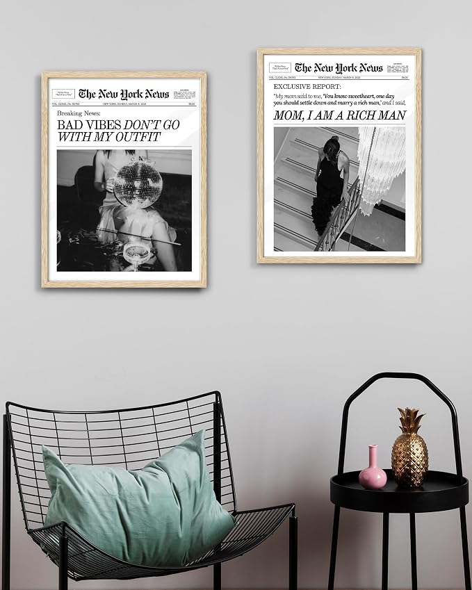 EcoHest 12x16 in Bad Vibes Don't Go With My Outfit Framed Wall Art | Natural Oak Wood Frame, Canvas Wall Art, Disco Fashion Newspaper Wall Decor for Bedroom, Apartment, Dorm, College Room, 1Pack